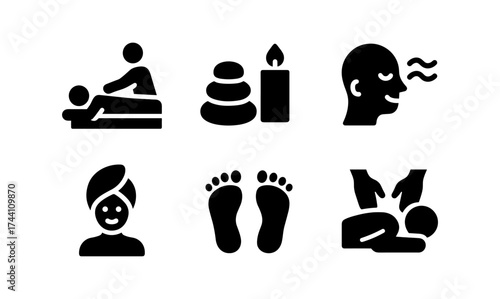 Relaxation and wellness icons featuring massage and aromatherapy