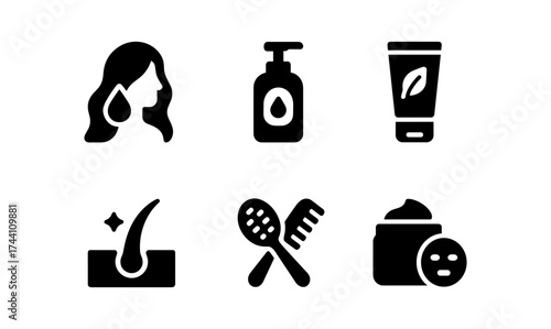 Skincare and hair care icons set in black silhouette style