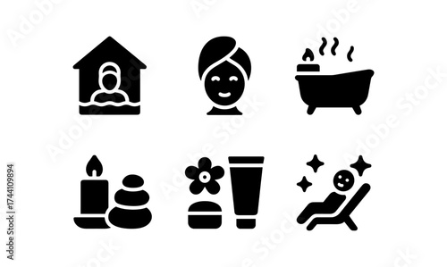 Relaxation and wellness icon set featuring spa elements and self-care symbols