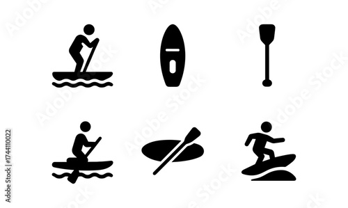 Water sports icons set with surfing, rowing, and paddleboarding silhouettes