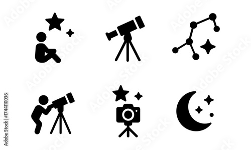 Astronomy icons: telescopes, constellations, and stargazing silhouettes