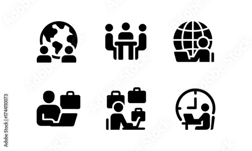 Global business icons: people, meeting, work, travel, remote, silhouette
