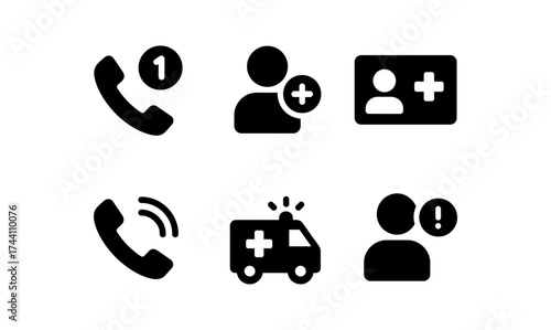 Emergency call and contact alert icons set in black silhouette style