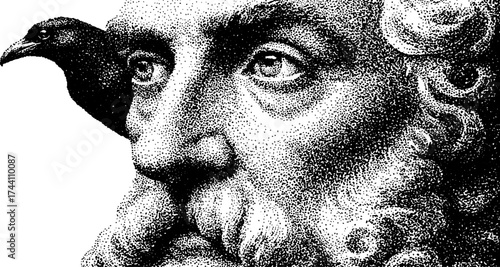 Intricate dotwork stippling portrait of norse god odin with one eye