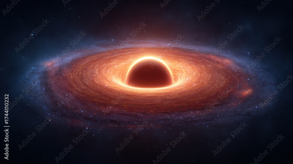 Fototapeta premium Captivating Black Hole Surrounded by Glowing Accretion Disk in Deep Space with Cosmic Elements and Stellar Light Effects for Science Imagery