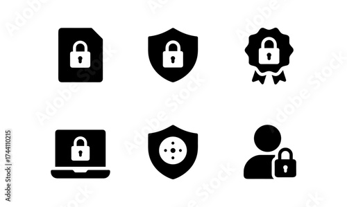 Secure black and white icons set featuring padlocks and shields