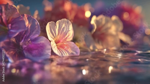 Soft pastel blossoms floating on tranquil water with ethereal light reflections, creating a serene and peaceful natural scene.