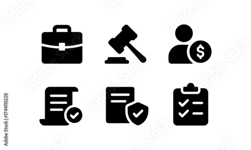 Business and legal icons set featuring silhouette designs for finance and compliance themes