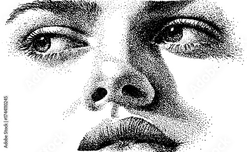 Intricate dotwork stipple art of overlapping eyes with detailed texture