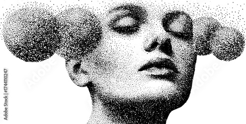 Surreal portrait with overlapping circles in detailed dotwork stipple