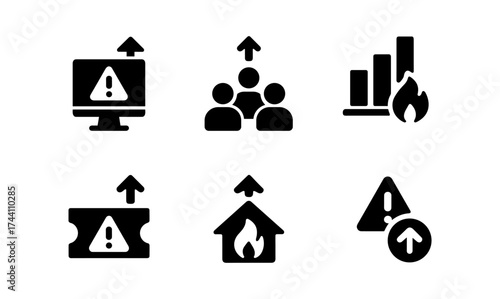 Silhouette icons of alert signs in technology and business