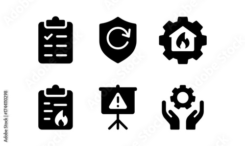 Black silhouette icons for fire safety and maintenance: checklist, shield, gear, alert
