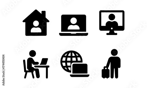 Remote work and travel icons: silhouette style for digital and home office themes