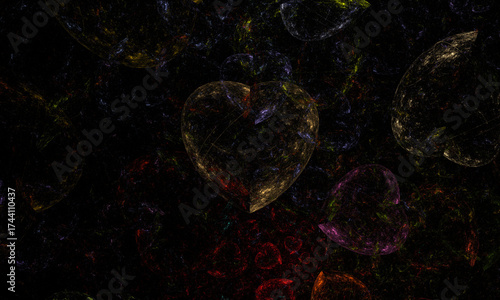 Sfondo nero con varie forme e colori e un cuore grande al centro