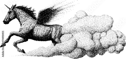 Mythical pegasus in detailed dotwork stipple illustration for art and design