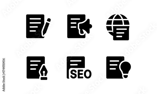 Monochrome document and office icons set for digital and print media projects