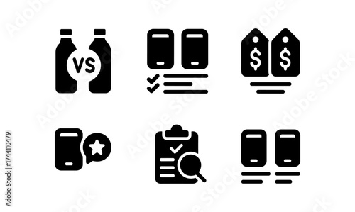 Comparison icons set: price tags, reviews, evaluation in simple solid style