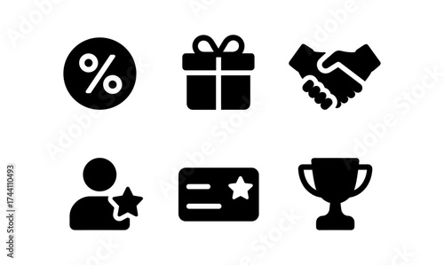 Essential business icons in solid style: discount, gift, partnership, profile, loyalty, trophy