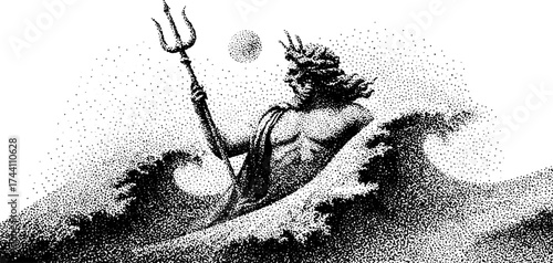 Intricate dotwork of poseidon wielding a trident amidst ocean waves