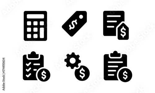 Finance and budgeting icons in bold black silhouette style
