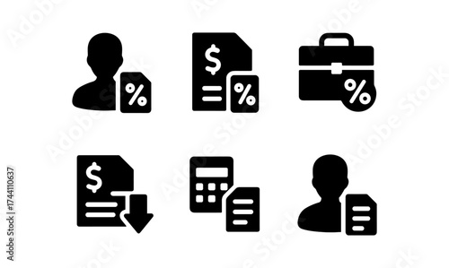 Financial icons set featuring calculator, documents, and business symbols on white background