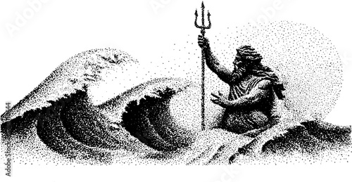 Mythological poseidon stippling art with trident and ocean waves for design projects