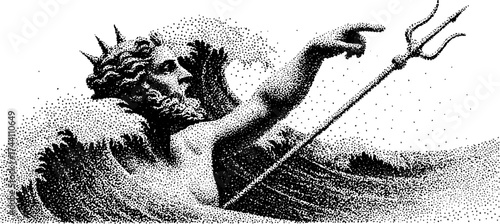 Intricate dotwork stipple art of poseidon wielding trident in ocean waves