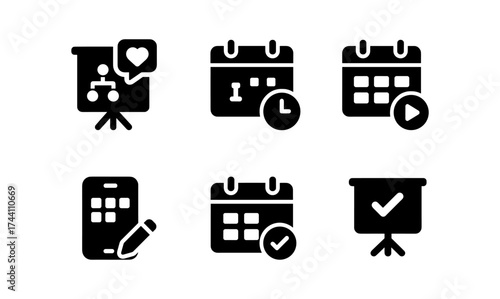 Minimalist black icons for scheduling and presentation concepts