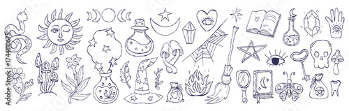 Outline Magical Accessories Hand Drawing Set. Isolated Magic whimsical Textured Doodle for occult, fantasy and Halloween design. Vector illustration. Not AI