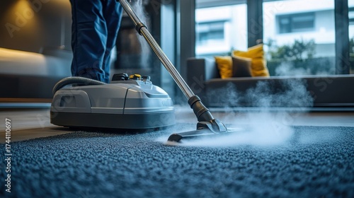 A professional cleaner operates a steam cleaning machine on a carpet in a modern home environment. The vapor rising from the device emphasizes cleanliness and attention to detail.
