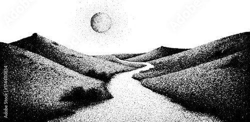 Serpentine path through hilly landscape with dotwork stippling effect