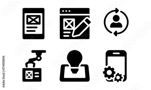 Minimalist icons of web design, user flow, and technology concepts