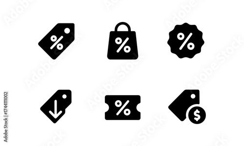 Black friday discount icons: shopping, sales, and coupon symbols in minimalist style