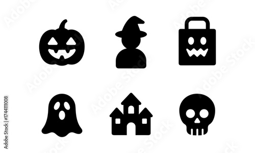 Halloween icon set: pumpkin, ghost, witch hat, haunted house, skeleton skull, treat bag