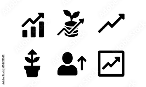 Black business growth icons with increase arrows and nature elements