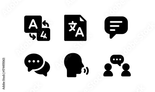 Language communication essentials: chat, speech, and translation icons set