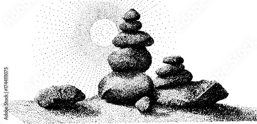 Zen stone balance art with sunburst - detailed dotwork stippling