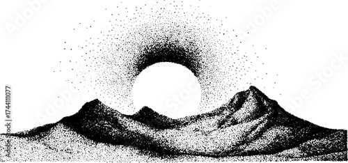 Intricate dotwork stippling of spiral landscape with sunburst effect