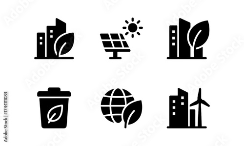 Eco-friendly urban icons: sustainable cities, solar power, and green energy symbols