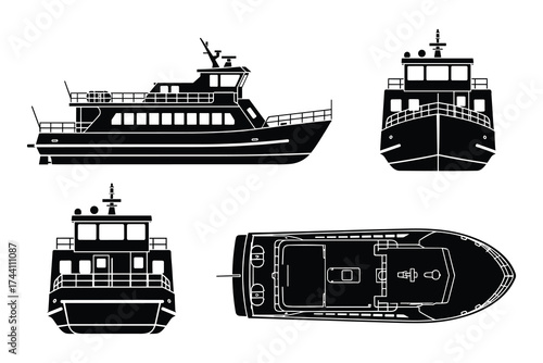 Ferry boat views set, side, front, top, and back views