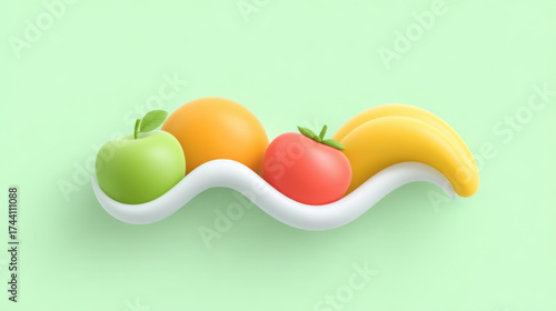 Minimalist 3D colorful fresh fruits on a white wave, representing healthy eating and balanced nutrition