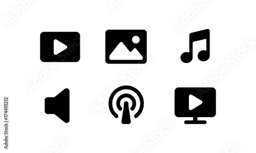 Minimalist media icons including music, video, and broadcast symbols
