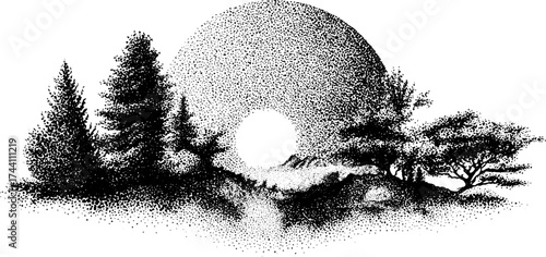 Symbolic landscape with trees and sun in detailed dotwork stippling technique