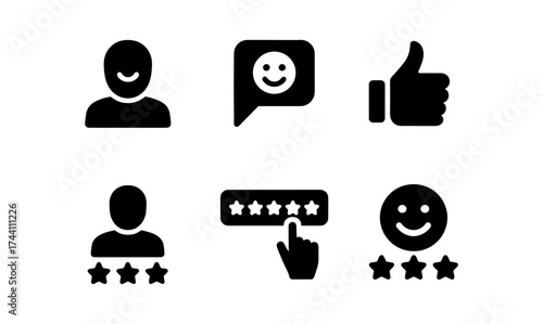 User feedback icons: smiley faces, thumbs up, and star ratings in black silhouette style