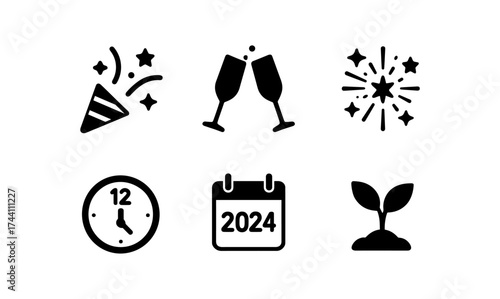 Festive icons set: new year celebration, countdown, fireworks, and growth