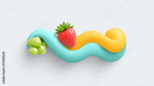 Minimalist 3D vibrant strawberry and grapes on an abstract wave in turquoise and yellow, representing fresh fruit and healthy snacks