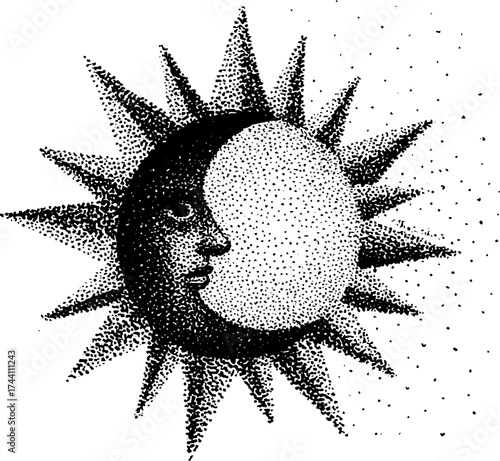 Intricate dotwork stippling of sun and moon symbol with half halftone effect for creative design