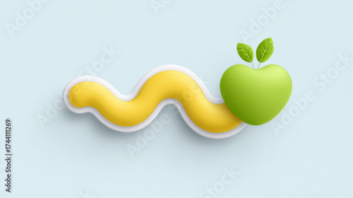 Minimalist 3D heart-shaped apple with leaves on a yellow wave, representing fresh organic produce and wellness against a blue background