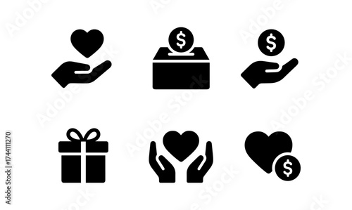 Charity donation icons set: heart, hands, and money symbols