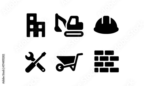 Construction icons collection: buildings, excavator, hard hat, tools, wheelbarrow, and bricks